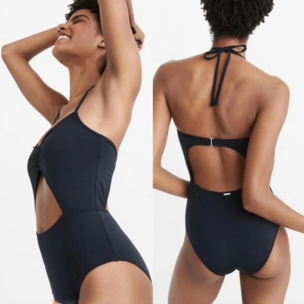 Abercrombie halter cut out one piece bathing suit monokini navy blue XS